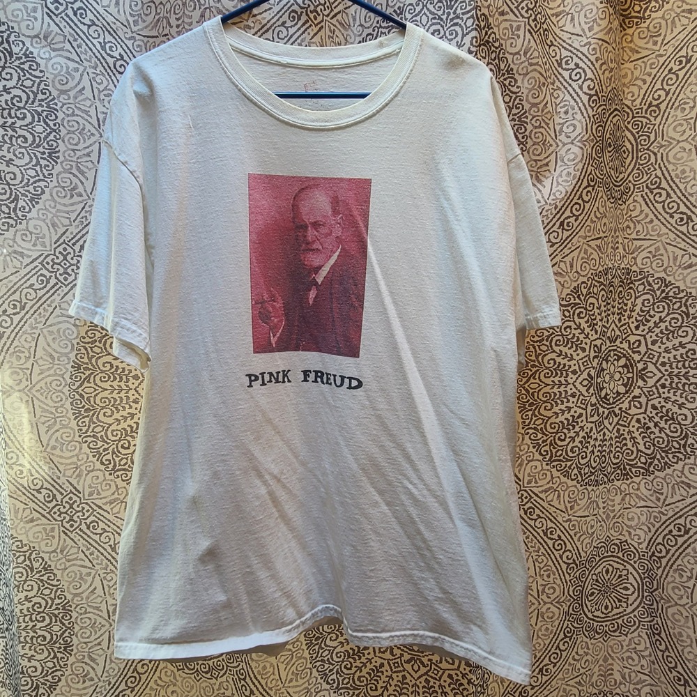 Y2K Hanes Pink Freud Graphic T-Shirt Mens XL White Psychology Parody Vintage
